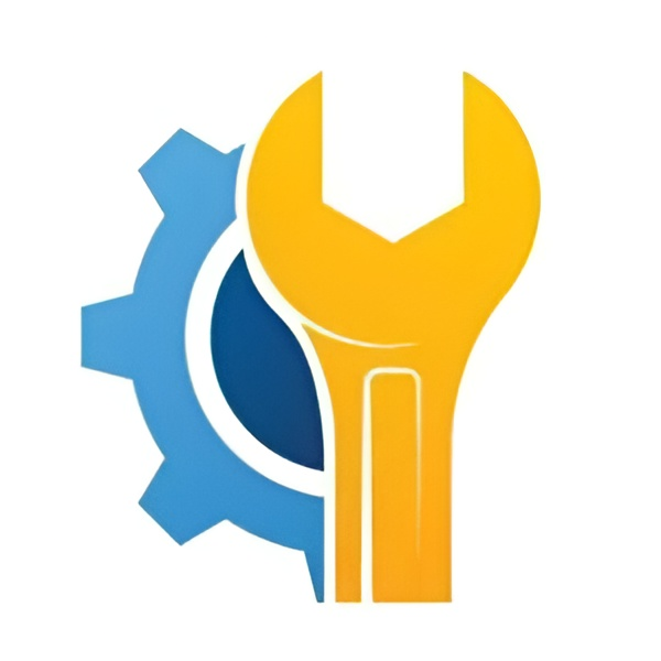 logotipo de "Plomería Los Tres Hermanos" que está formado por un engranaje de mecánica de color azul que sólo muestra su mitad izquierda ya que se superpone en su mitad derecha una llave de apriete de color amarillo